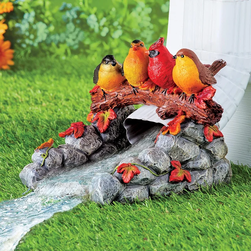 Resin Hollow Tree Stump with Curious Kitty Cat and Frog Gutter Downspout Statue
