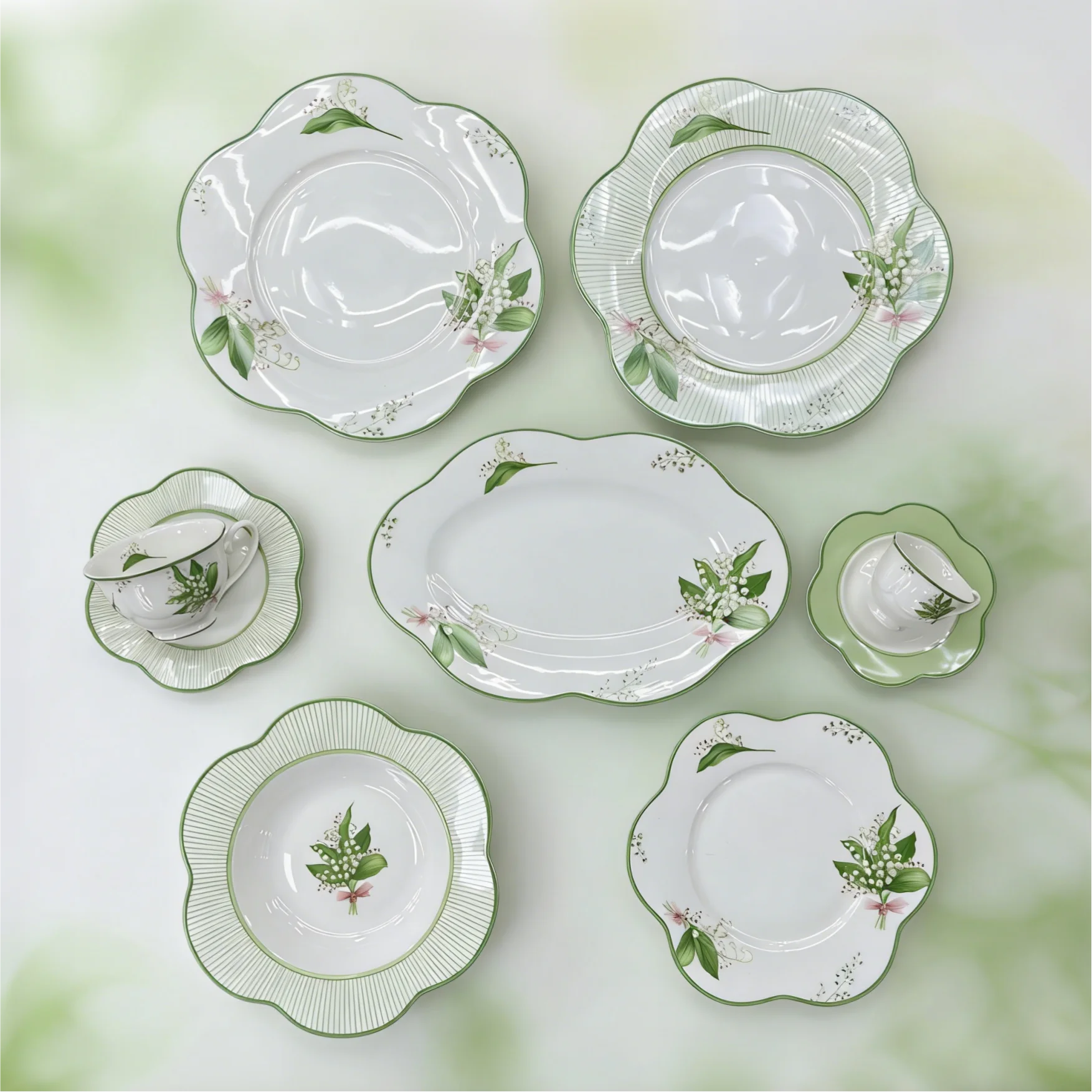 Fresh Spring Brunch Lily of the Valley Scalloped Edge with Soft Green Accents Porcelain Dinnerware Set