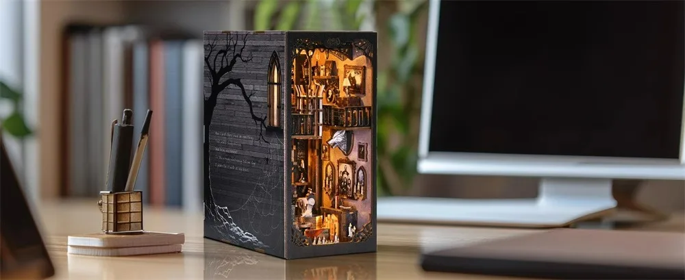 product book nook wooden puzzle kit   3d miniature bookshelf model fun diy project  thoughtful gift idea572-3