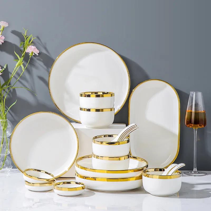 Goldene Teller-Sets Weiß Nordisch Modern Feines Porzellan Keramik Luxus-Geschirr-Sets für Restaurant und Zuhause| Alibaba.com