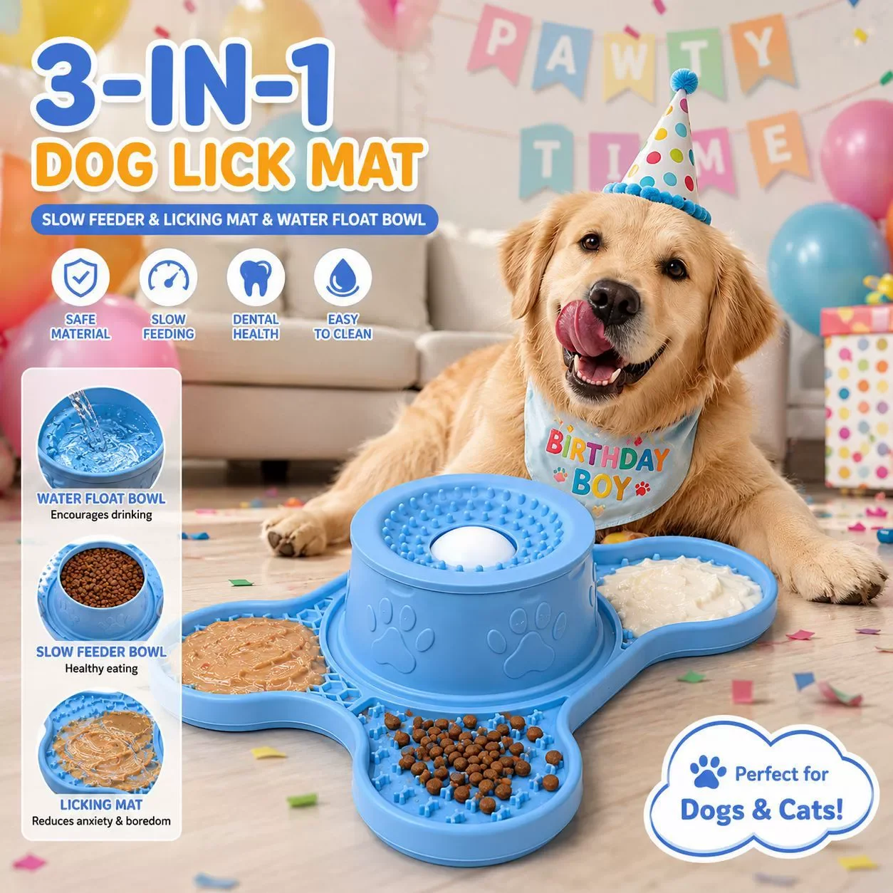 3 in 1 Silicone Pet Feeding Bowl Slow Feeder Licking Mat With Rolling Ball Anti Choke Non Slip Dog Cat Dining Supplies
