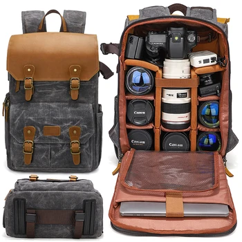 Quick Access Waxed Canvas Leather Digital Gear Camera Bag Professional DSLR Photography Backpack with 15.6" Laptop Compartment
