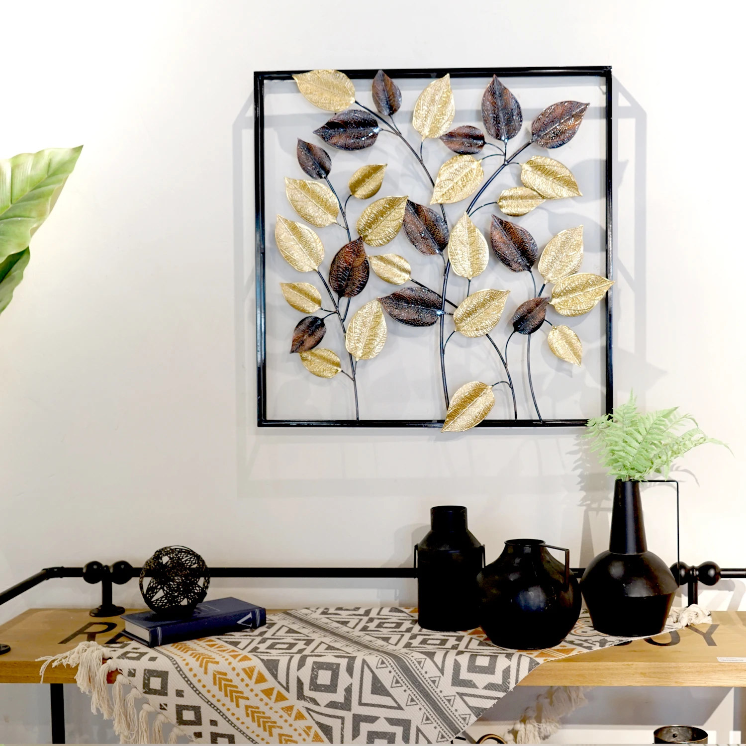 Luxury Home Metal Wall Decor Art Black Gold Leaf Floral Artwork