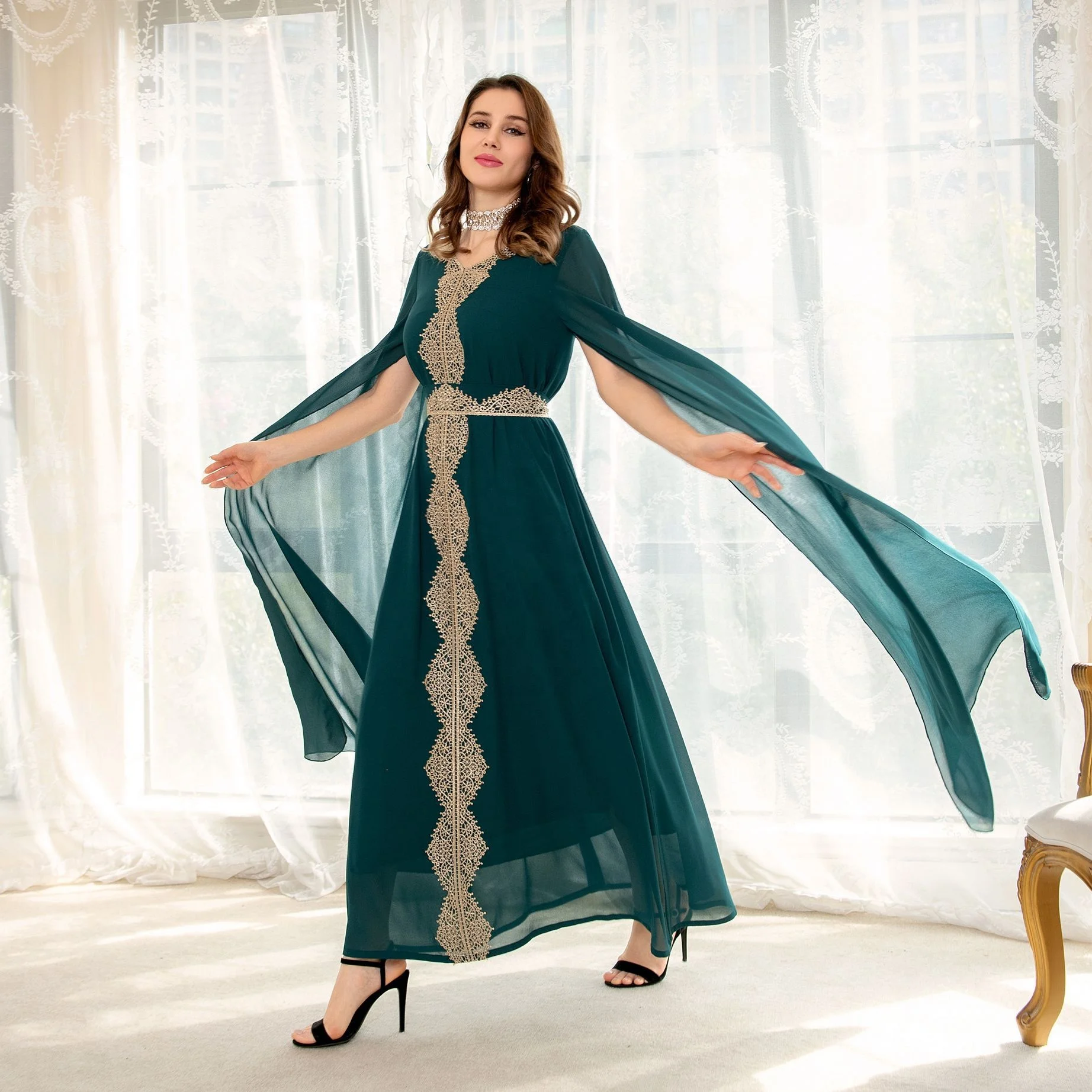 Luxury Cape Sleeve Sequin Kimono Abaya for Women Dubai Muslim Eid Moroccan  Formal Evening Arabic Dress Turkish Islamic Clothing