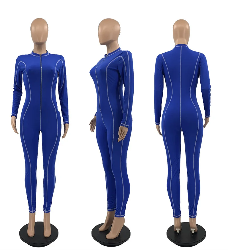 Hot Sale 2023 Zipper Matching Colors Long Sleeve Sport Jumpsuit Bodycon