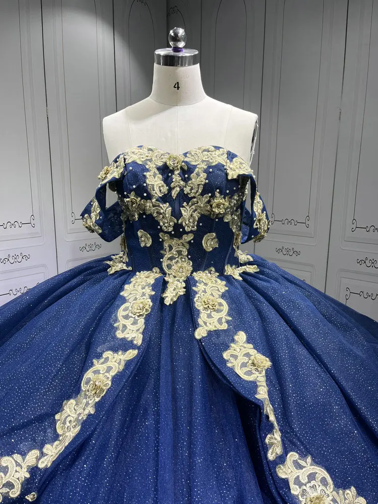 dark blue with gold quince dress Rachel Allan RQ3153 Puff Sleeve Quinceanera Dress main image 0