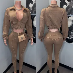 Huili Acid Washed Zip Up Crop Top & Rib Legging Matching Sets Custom Logo 2 Piece Slimming Yoga Running Ribbed Women's Sets 2025