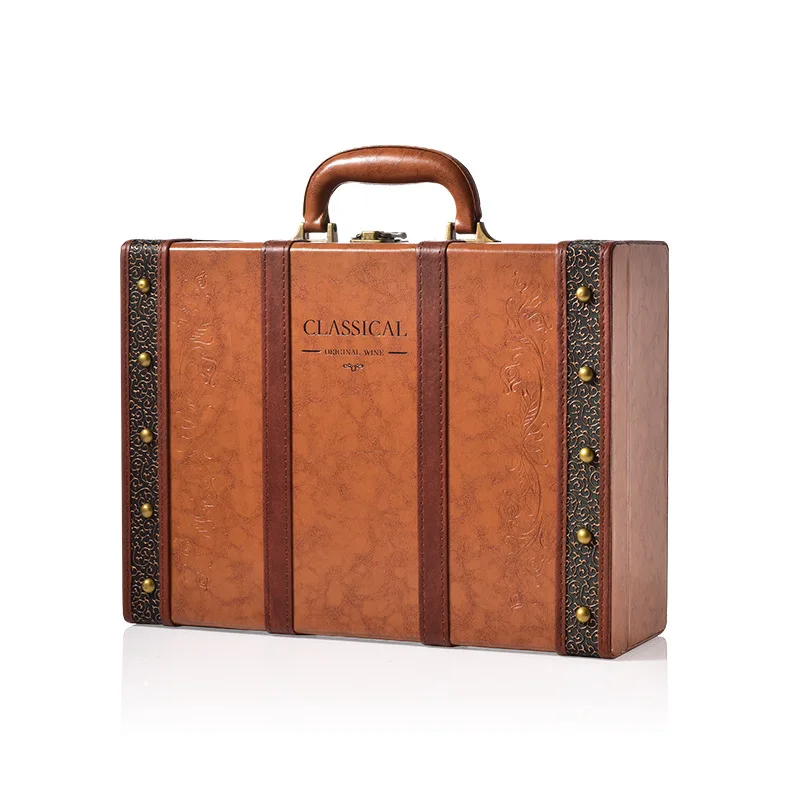 Custom Printed Modern Style PU Leather & Wood Wooden Gift Packaging Boxes for 1/2/4/6 Bottle Wine Box