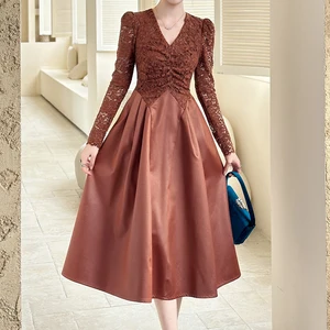 ZYHT 21918 Brown Lace & PU Midi Dress with V-Neck Long Puff Sleeves Ruched Bodice Dresses Women Lady Elegant
