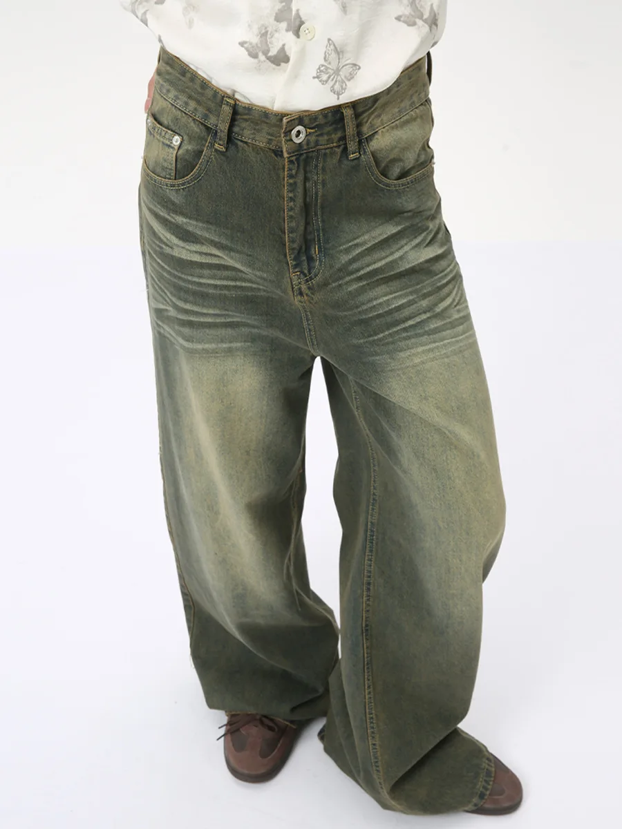 American Street Vintage Acid Wash Green Wide Leg Cotton Fashion Jeans  Whisker Fade Straight Carpenter Jeans Baggy Designer Jeans