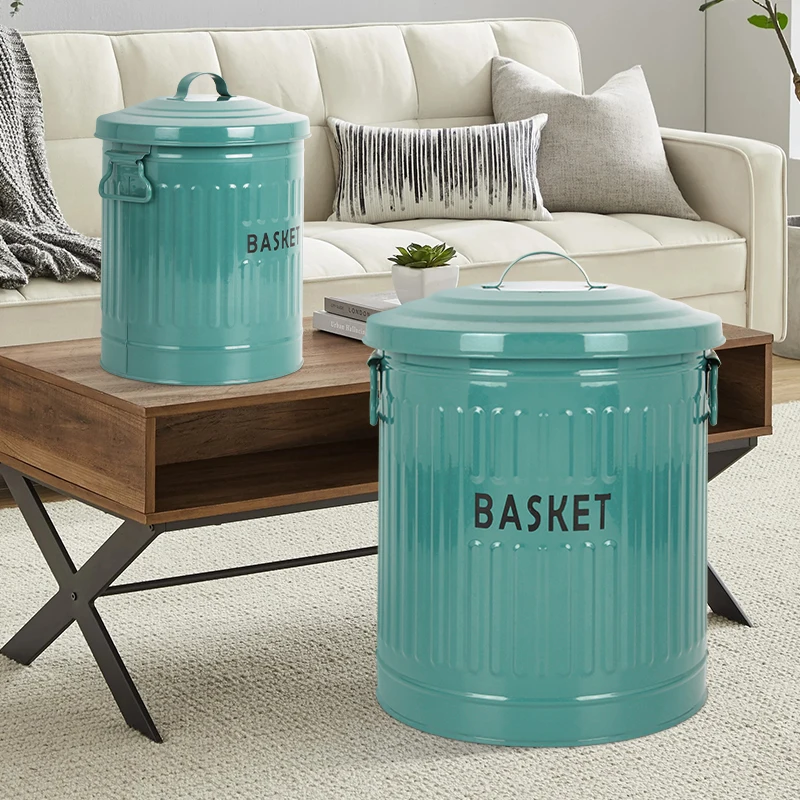 New Style Storage Container Galvanized Metal Material Storage Bucket Set of 2 Laundry Basket with Lid
