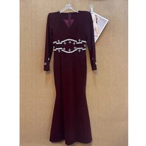 Factory Wholesale Autumn Winter Long Trumpet Dress Women Handmade Beaded Sexy Diamond V-neck Long Sleeve Banquet Elegant Party