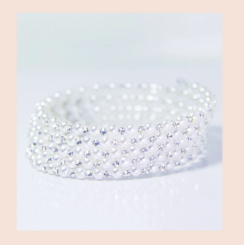 Spring Summer Pearl Woven Bracelet Retro Bling Rhinestone Elastic
