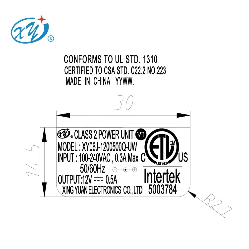 Xingyuan Class 2 AC DC Plug Adapter 100-240V 0.8A for Lamps and