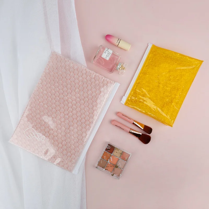 Biodegradable Sustainable Packaging Eco Friendly Waterproof Travel Makeup Bag Clear Pink Bubbles Makeup Pouch