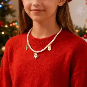 Christmas Party Necklace for Women Gold Plated Imitation Pearl Beads Santa Snowman Pendant Xmas Gift Holiday Jewelry