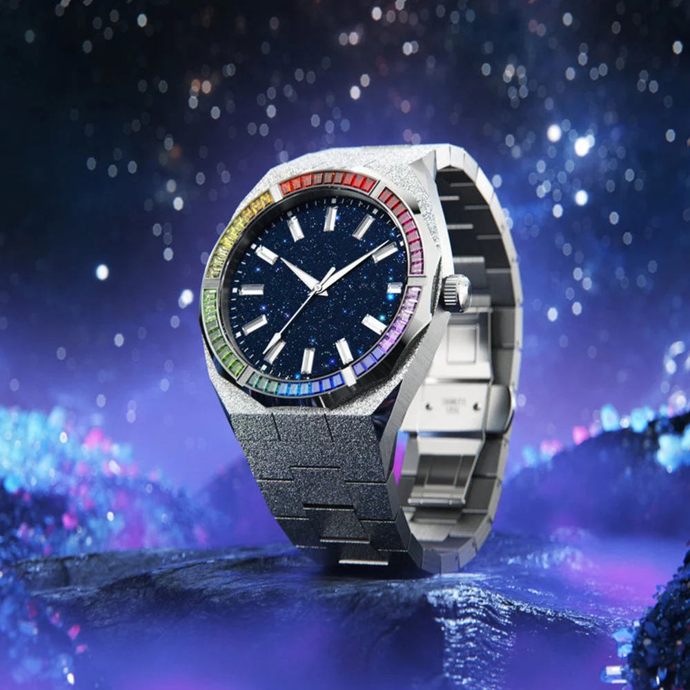 Orologio Uomo Automatico Scheletrato – Lunetta Con Zirconi Arcobaleno, Cinturino Silicone, Impermeabile E Luminoso - 2