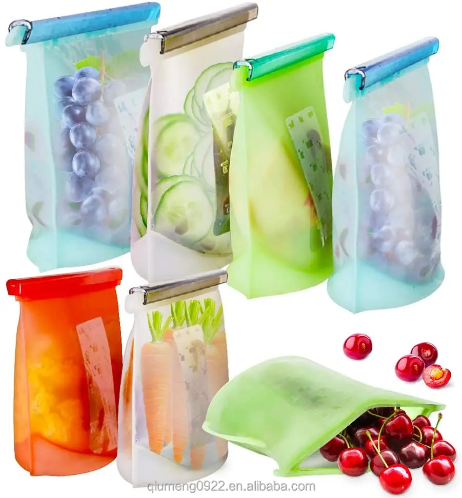 Reusable Silicone Food Storage Bags,Stand Up Leakproof Zip