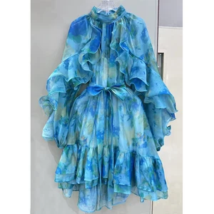 AELESEEN 2026 Spring Summer Loose Dress Women Ruffled Printed Lantern Sleeve Turtleneck Belt Asymmetrical Hem Casual Party