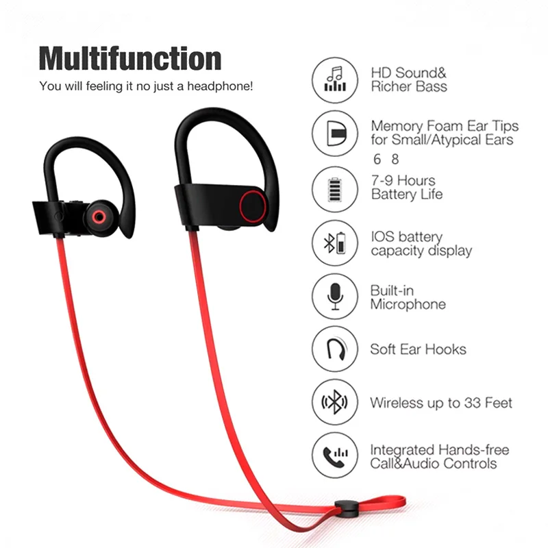 U8 BT Wireless Running Earphones In-ear Sweatproof Stereo Bass Sport  Wireless Headphones With Microphone for Mobile Phone