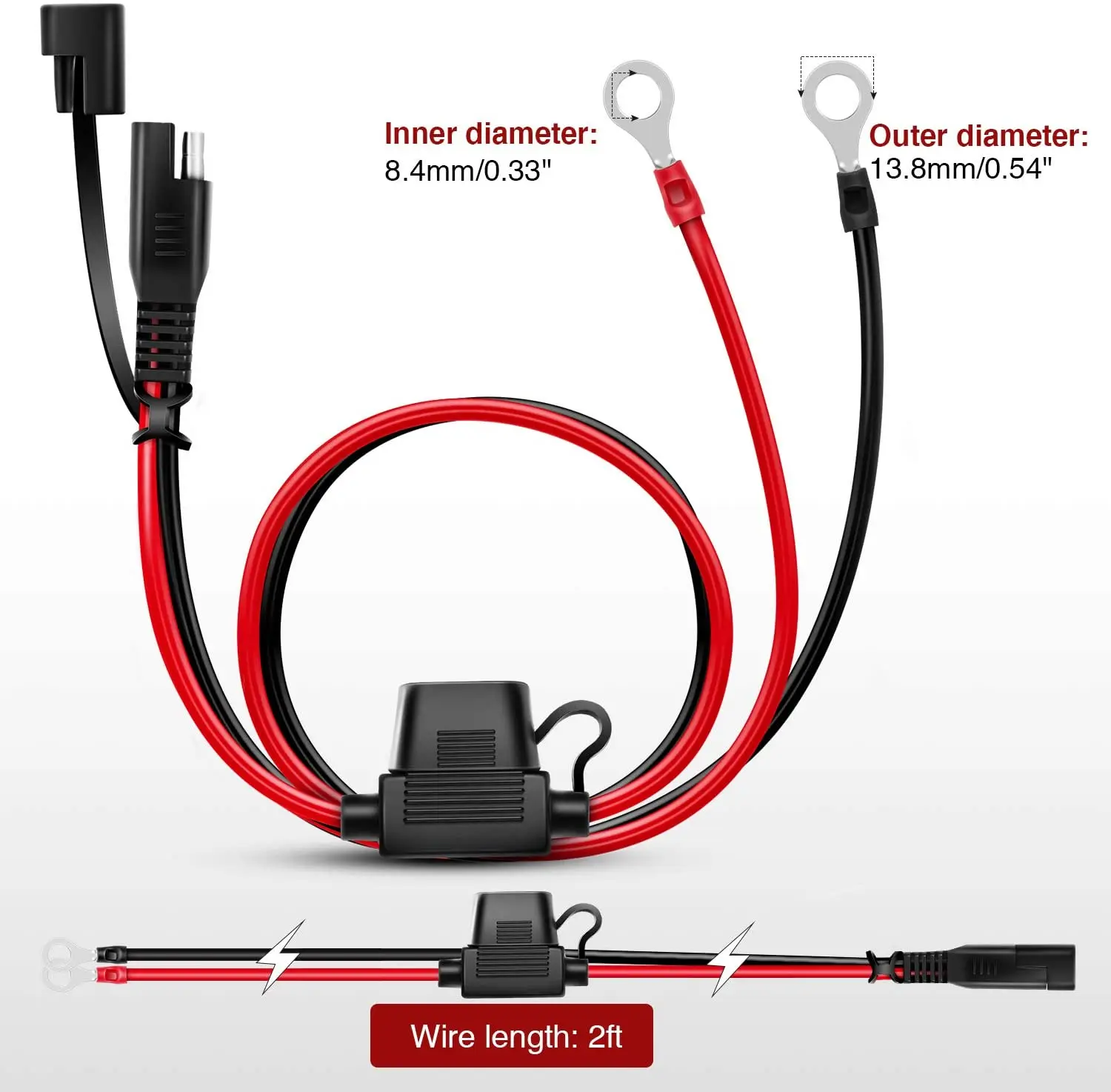 2 Pack SAE To Ring Terminal Battery Cables - 2ft, 14 AWG With 15A Fuse For Motorcycle, Car, ATV