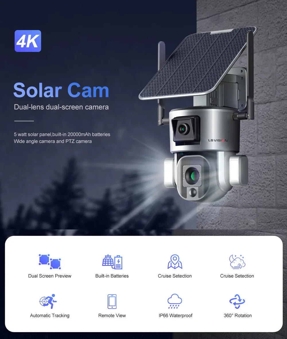 LS VISION HD 8MP Dual Lens PTZ 10X Optical Zoom 4G Outdoor Wireless Security Solar Surveillance Camera Surveillance