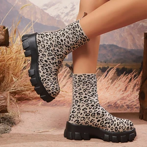 New Leopard Print Elastic Knit Boots for Autumn/Winter 2026 Platform Ankle Boots for Women