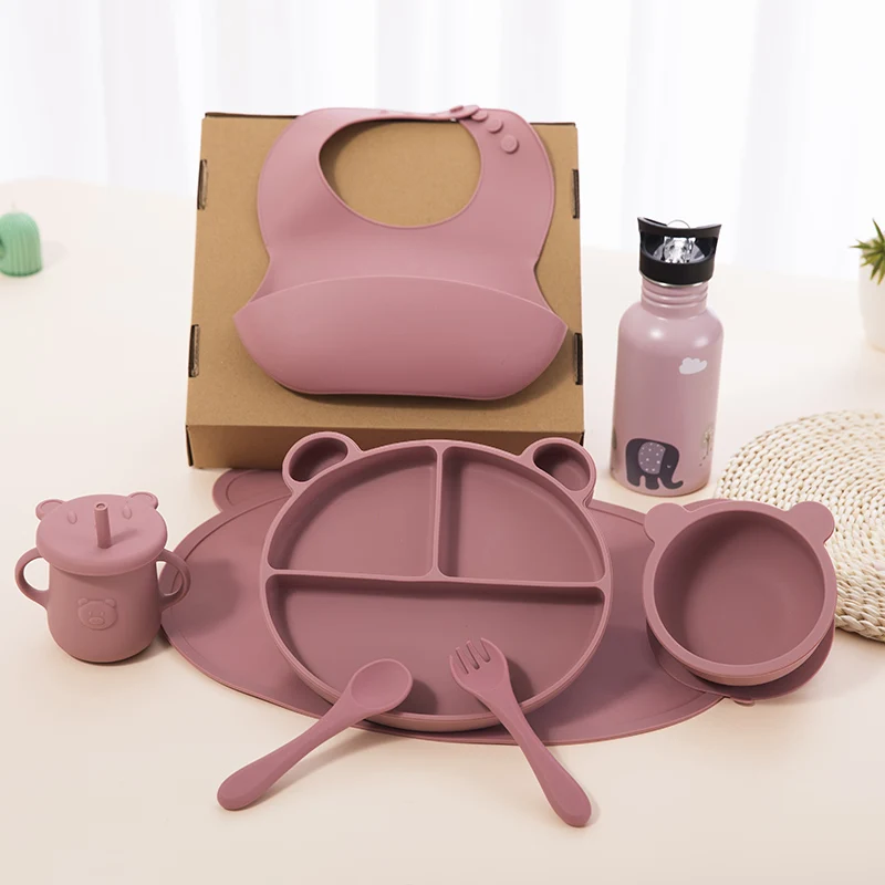 Baby Weaning Set Silicone Baby Feeding Set Toddler Weaning Set with Bib Suction Bowl Plate Snack Cup Kit for Babies a details