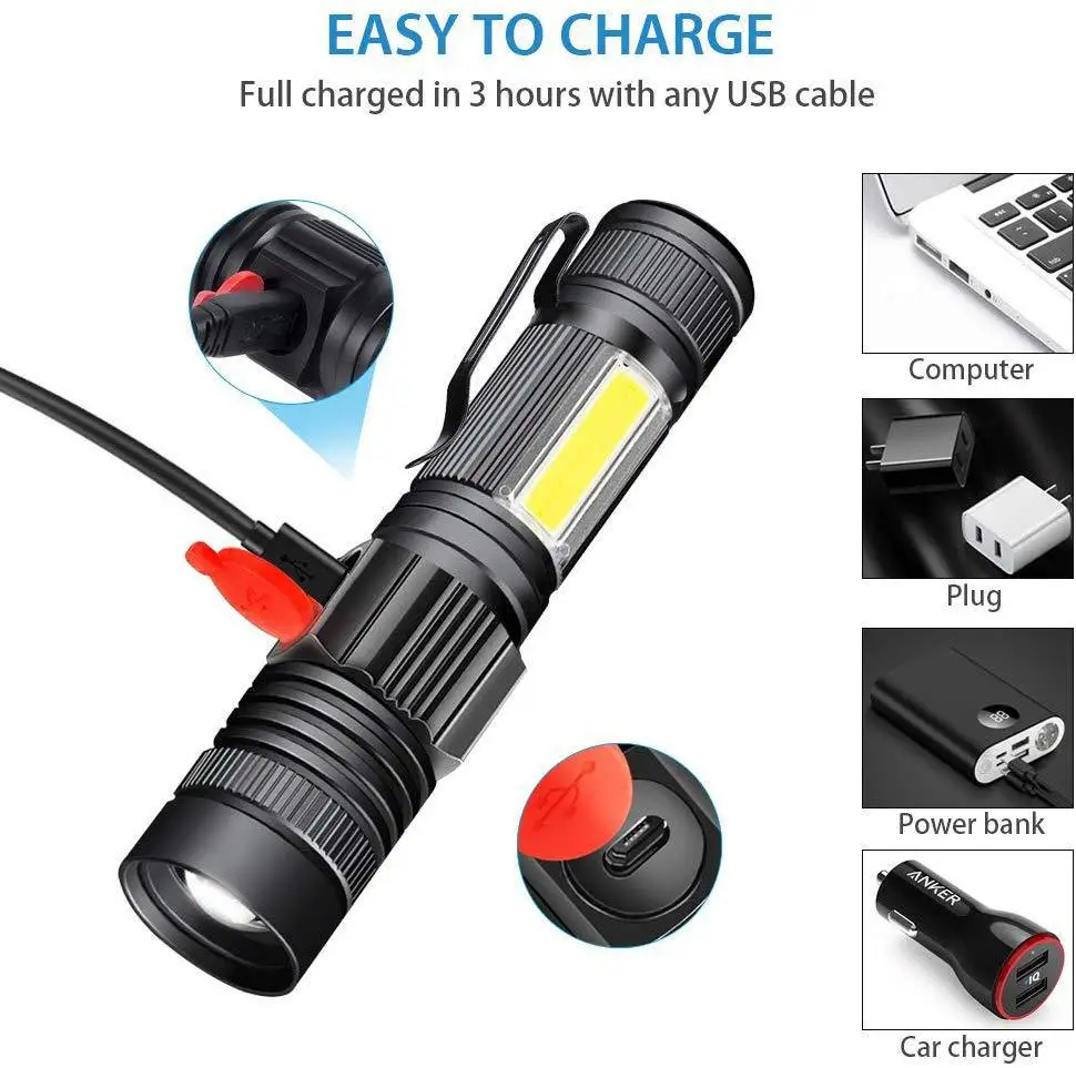 Powerful Waterproof Zoomable Rechargeable Mini LED Emergency Tactical Magnetic T6 Flashlight with Cob Sidelight Torch Flashlight supplier