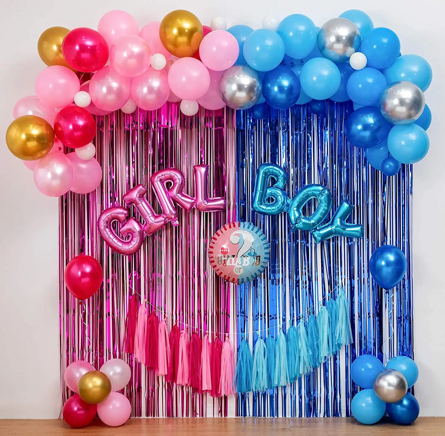niño o niña género revelan decoración del partido conjunto azul plata oro rosa  globos arco guirnalda kit para baby shower género revelar