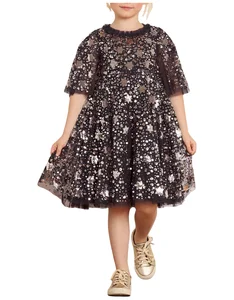 Shooting Stars Girls Dress Summer Knee-Length O-Neck Dress with 3D Sequin Design Original Manufacturer ODM for Children