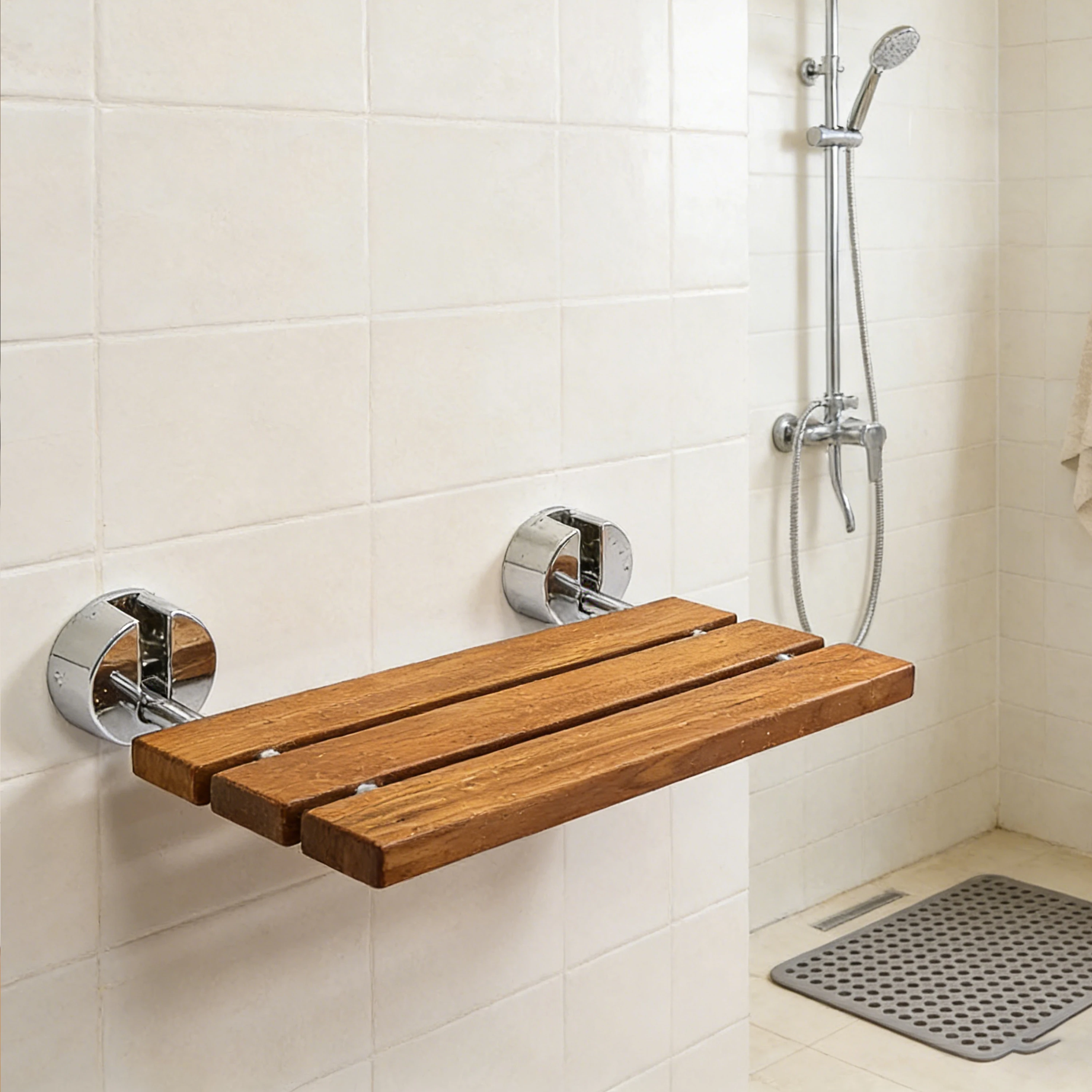 Modern Folding Teak Shower Seat Stool Wall Mounted Fold Down Bench for Bathroom Kitchen Bedroom Living Room