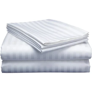High Quality 100% Cotton Satin Stripe 200TC White Bed Sheet 4pc Hotel Linen Bedding Set King/Queen Sizes for Hotels