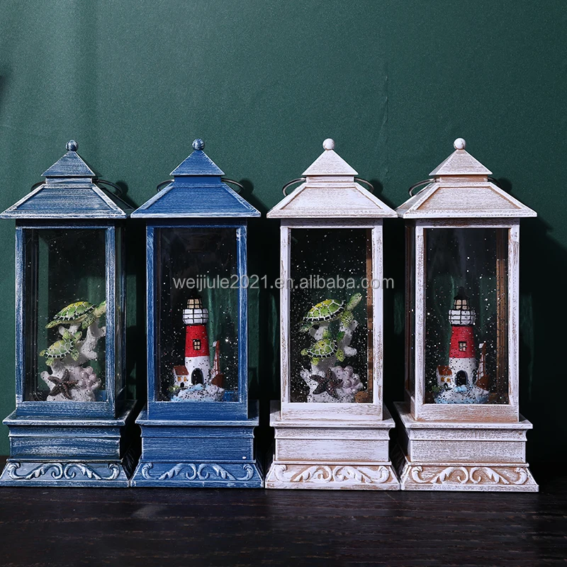 New resin lighthouse design and decorative wind lamp, unique rotating water-light snow globe