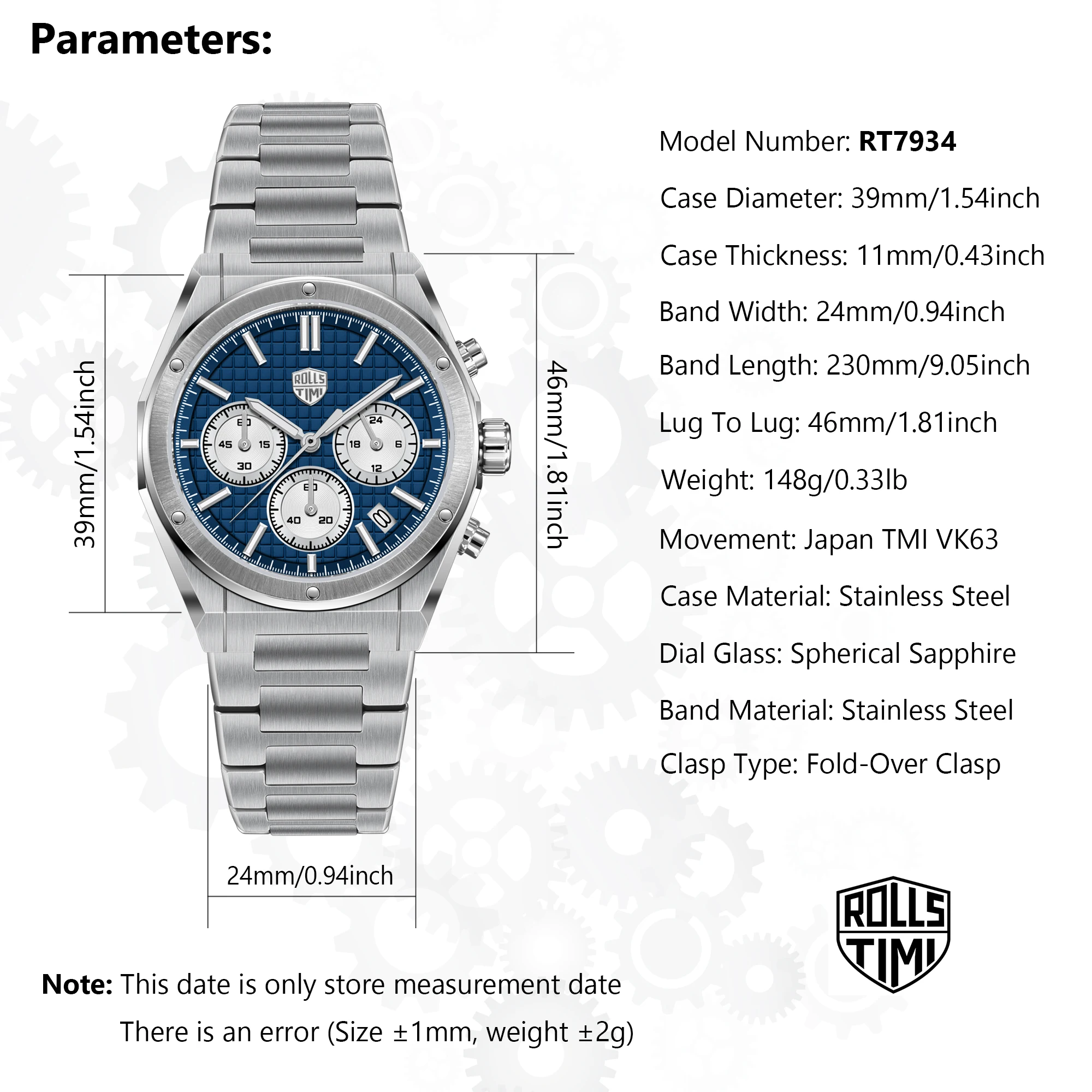 RollsTimi RT-7934 Men's Quartz Watch with Sapphire Glass, TMI VK63