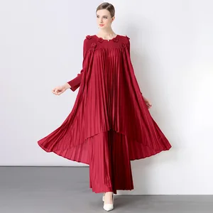 Solid-Colored Women's Summer Casual Style Top Loose Pleated Pants Suit with Long Length European American Style Miyake Sets