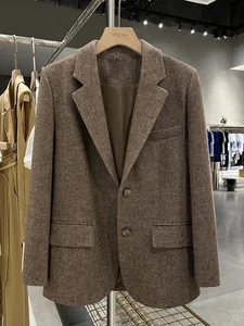2026 Winter New Arrival Brown Retro Woven Woolen Blazer Women's Korean-style Herringbone Elegant All-match Women Suits Coat