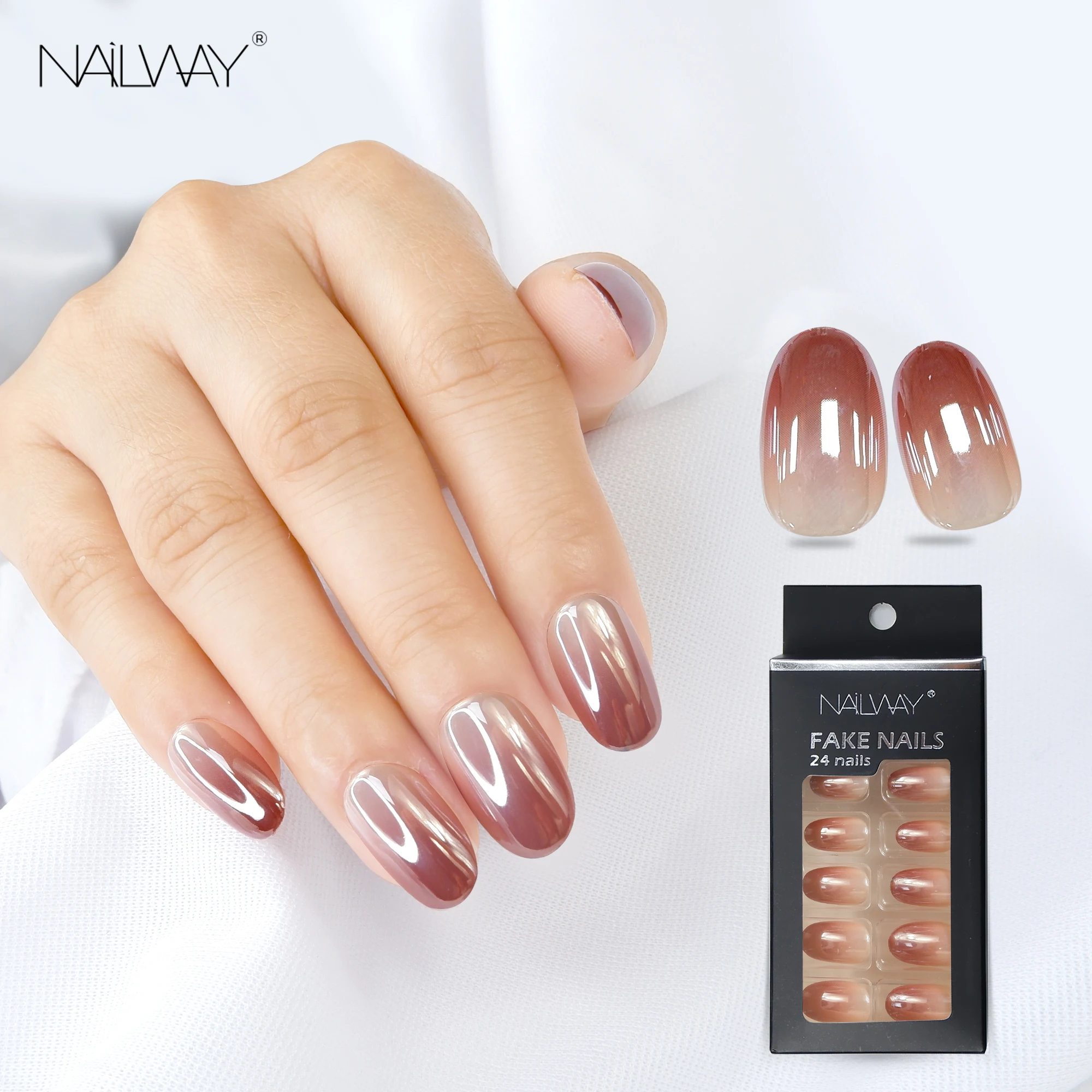 Brown Gradient Glossy Nails with Sparkle