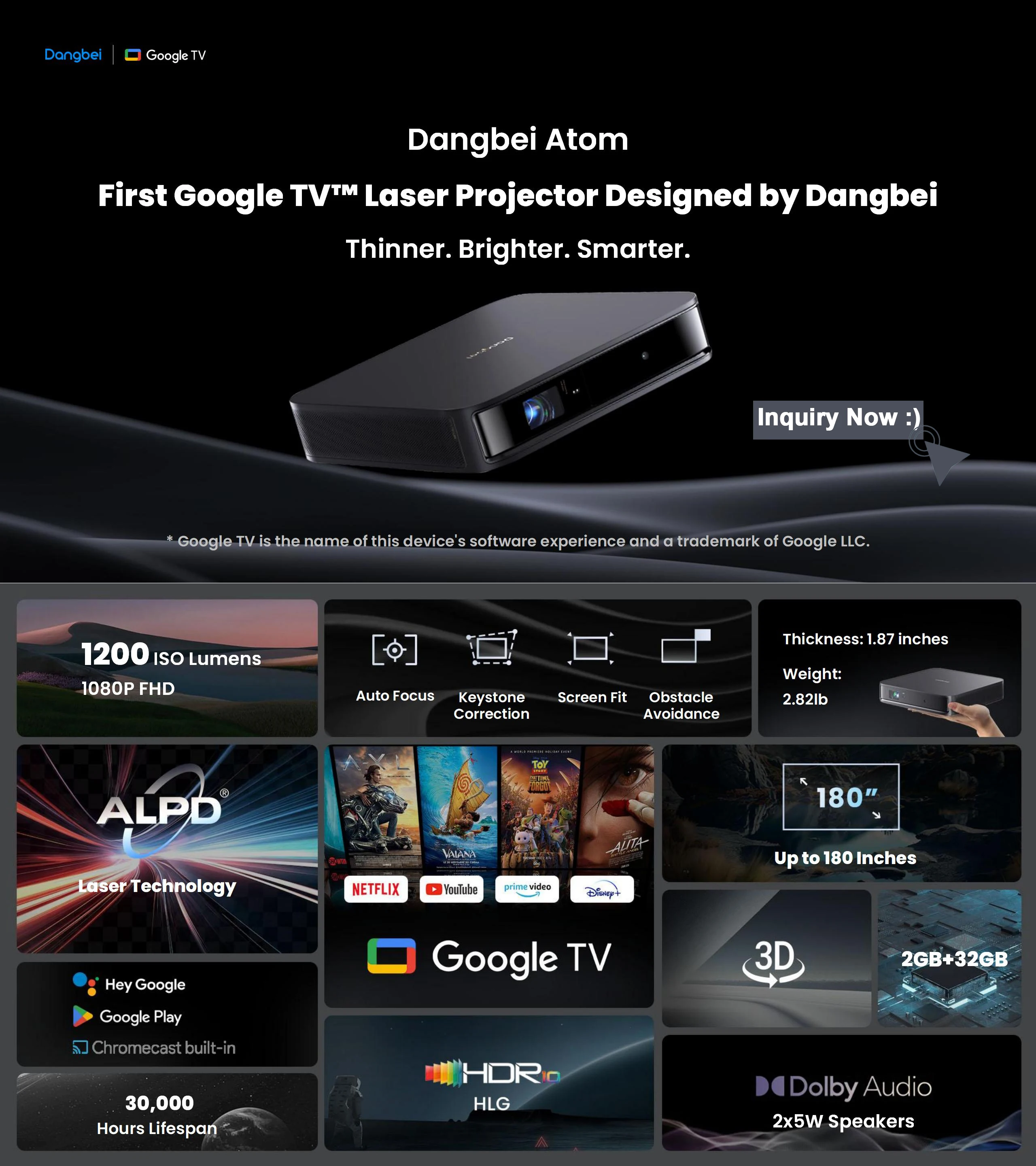 Hot Selling for X Dangbei Atom Mini Portable DLP 1200 ISO Lumens Ultra Bright Google TV 1080P Laser Projector 2G 4K Support 3D