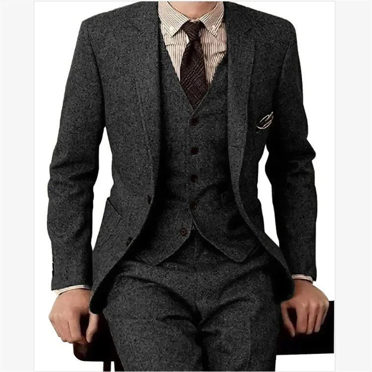Herringbone Tweed Men Slim Fit Suits Winter Wool Fashion Groom Tuxedos New Design Blazer Vest Pants Men 3 Piece Suits