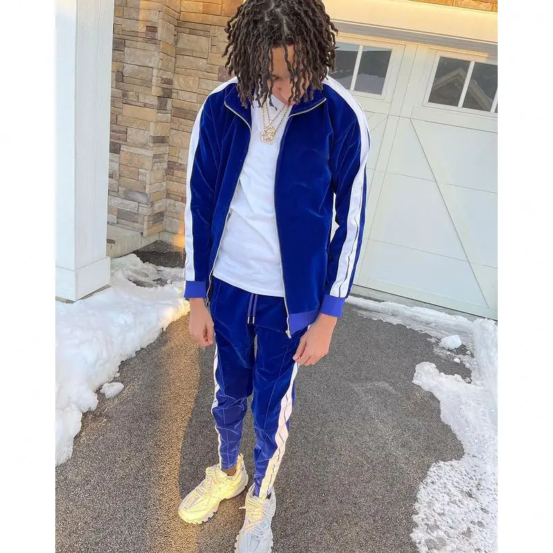 Private Label Sportswear Jogging Suit Side Stripe Plain Zipper Slim Fit Velvet Velour Tracksuit Men gallery 4