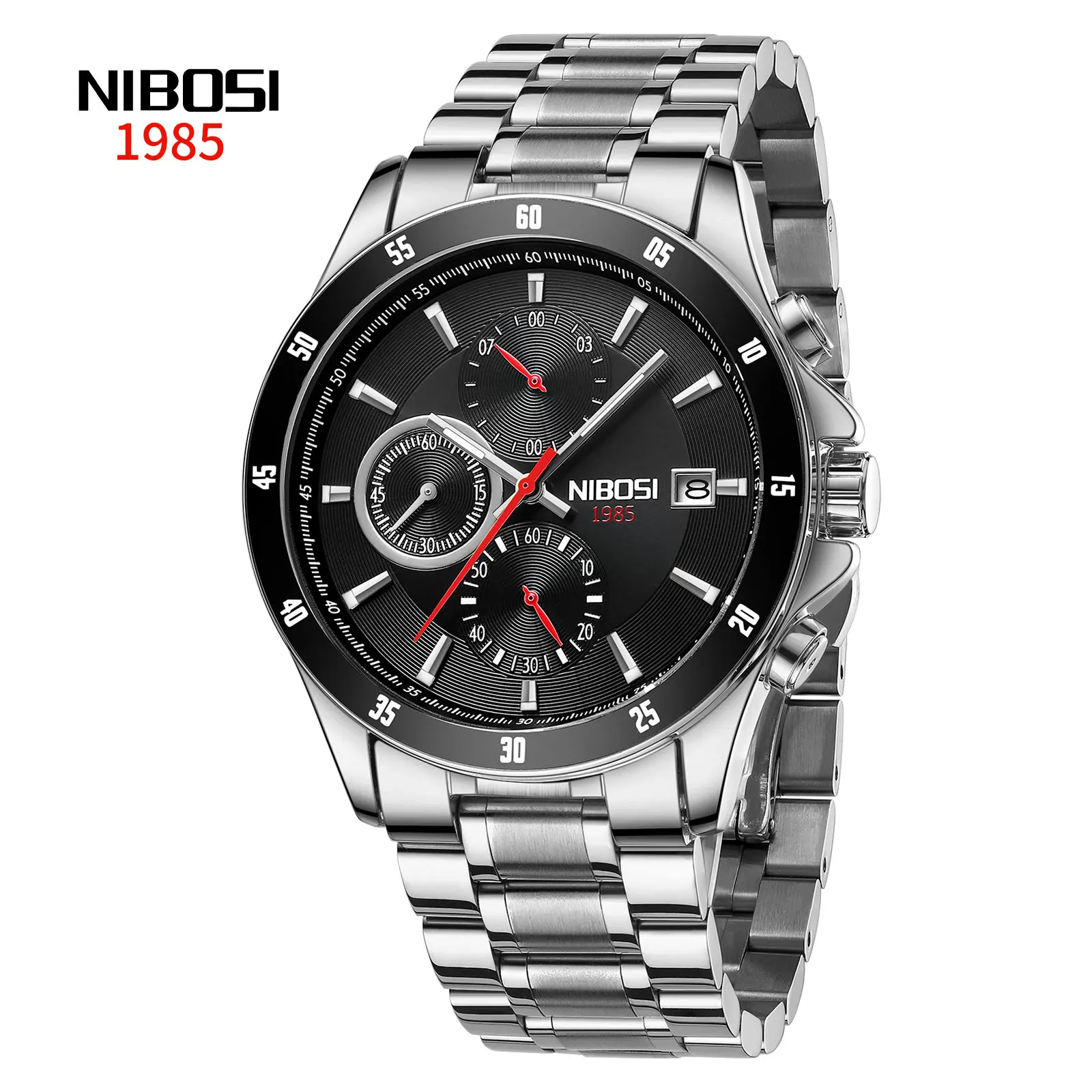 50pcs Custom Logo NIBOSI 2530 Custom Chronograph Jam Tangan Pria Stainless Calender Timer Casual Watches