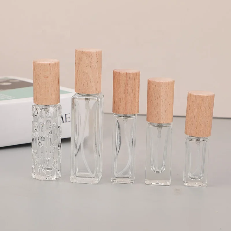 Fancy Crystal 5 ml 6 ml 10 ml Refillable Atomiser square Wooden Cap Perfume Bottles Spray Wood Cap