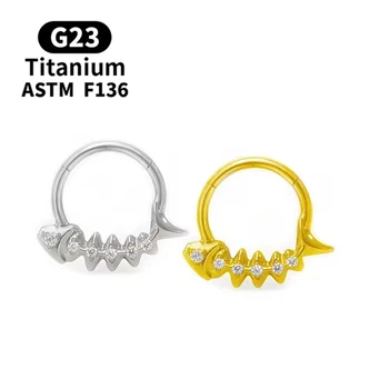 ASTM F136 Titanium 16G Piercing Fashion Hinged Segment Ring with CZ Paved Fish Bone Gold Plated Nose Rings Earring Piercing