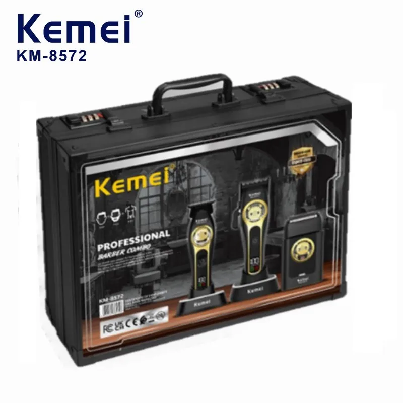 Tondeuse professionnelle pour barbier Kemei Max KM-8572 Pro Luxe, emballage en plastique, modèle KM2373, tondeuse sans fil, ensemble 3-en-1 avec station de recharge électrique