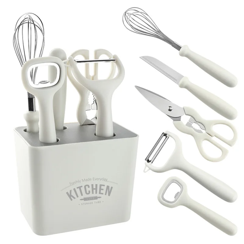 Heat Resistant Black Kitchen Gadgets Tools 6Pcs Stainless Steel Handle Plastic Kitchen Cooking Utensils Set with Holder