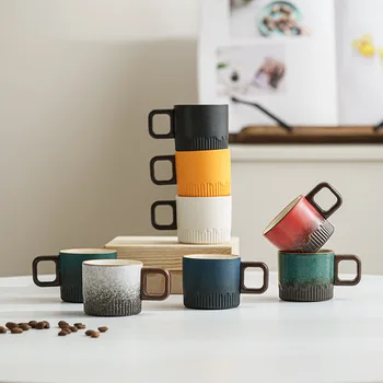 Retro Ceramic Coffee Mugs with Custom Logo Japanese Ceramic Tea Coffee Cup with Wooden Handle