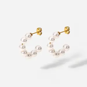 Trendy 18K Gold Stainless Steel Pearl Beaded Ins CC Circle Stud Dangle Earrings for Women