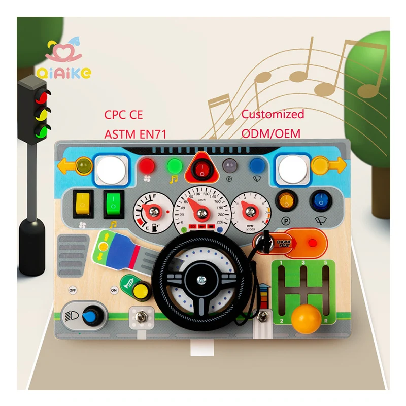 Montessori Steering Wheel Driving Toy Preschool Activities Leaning Toys Children Educational Wooden Sensory Busy Board with LED