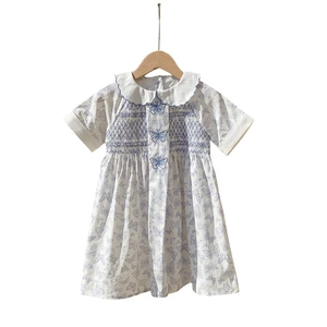 Korean Short-Sleeved Smocked Butterfly Embroidery Dress for Baby Girls Children's Clothing with Animal Pattern